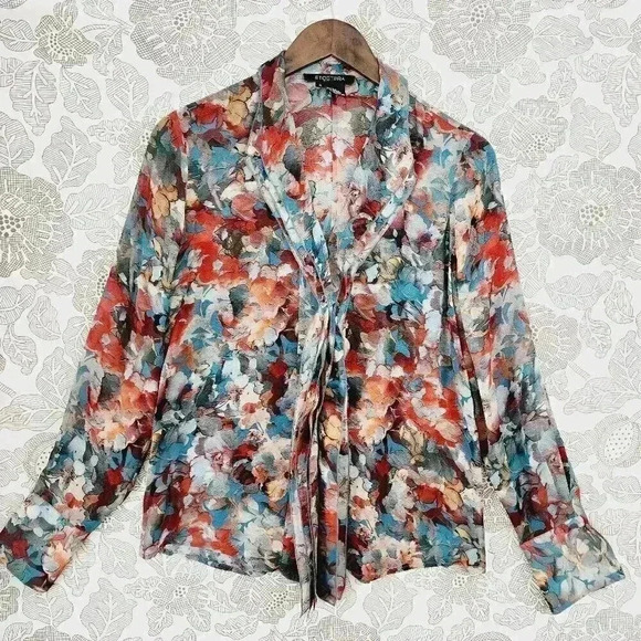 Etcetera 100% Silk Floral Printed Ruffle Button up long sleeve Women's Shirt 2 - Picture 1 of 7